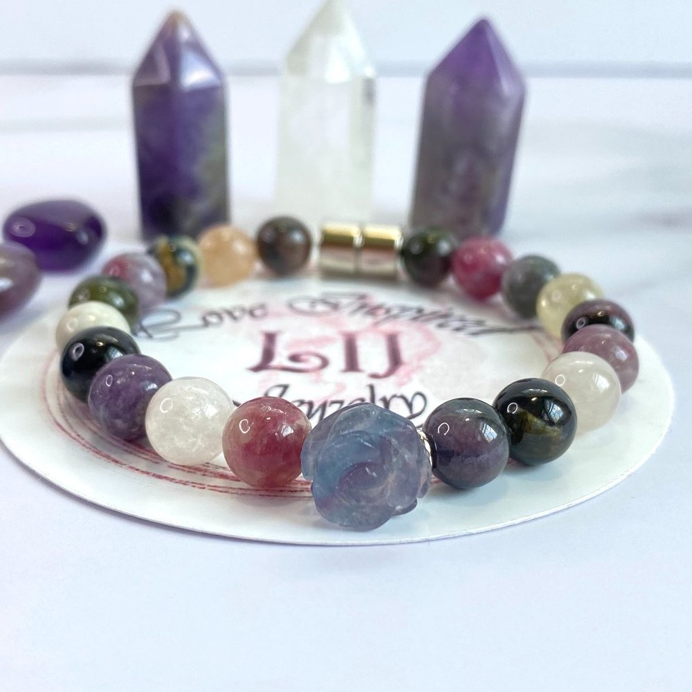 Natural Tourmaline Bracelet for Women, October Birthstone, Fluorite Rose Stone